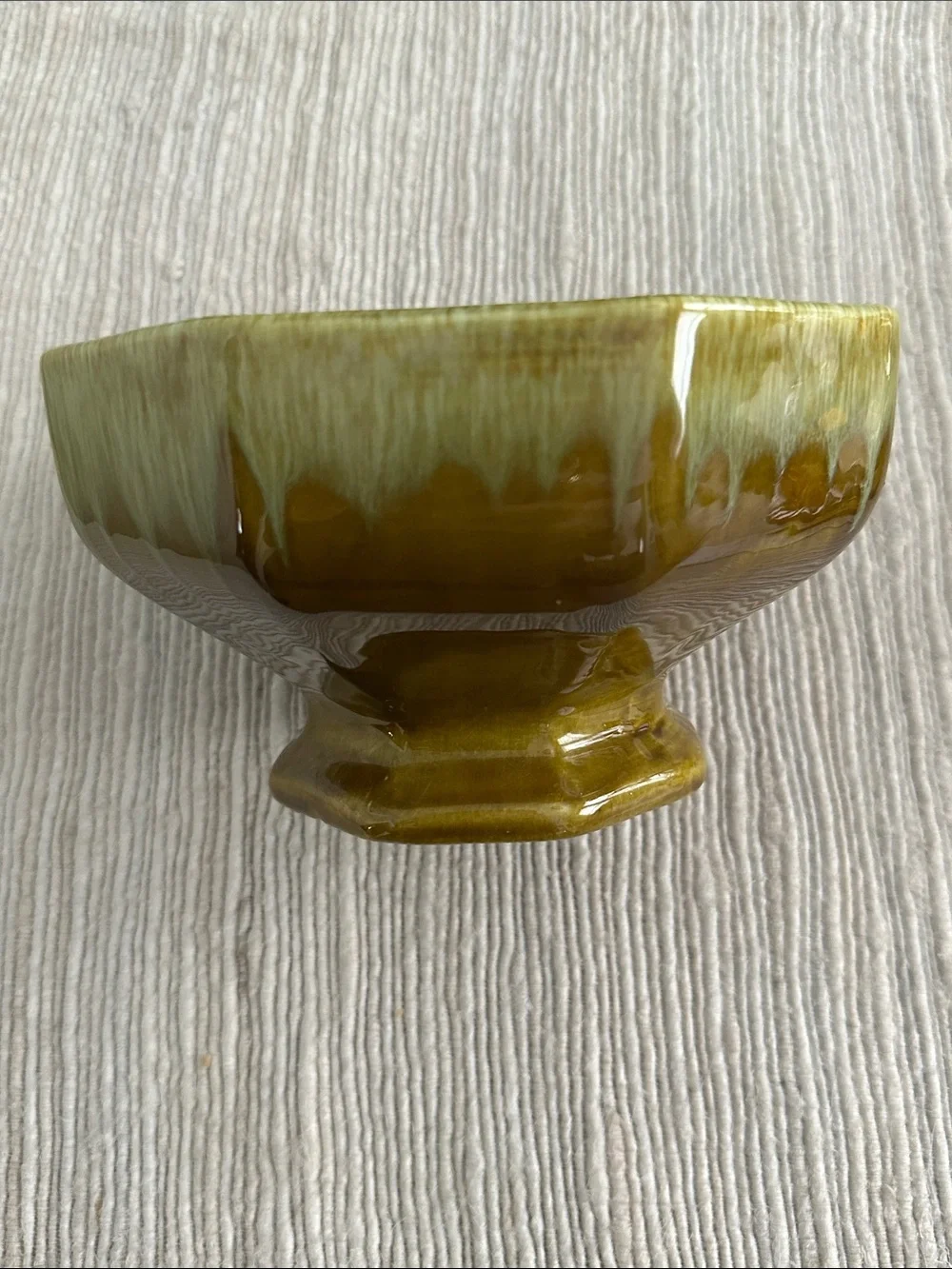 Vintage Olive Green Drip-Glazed Pedestal Vase